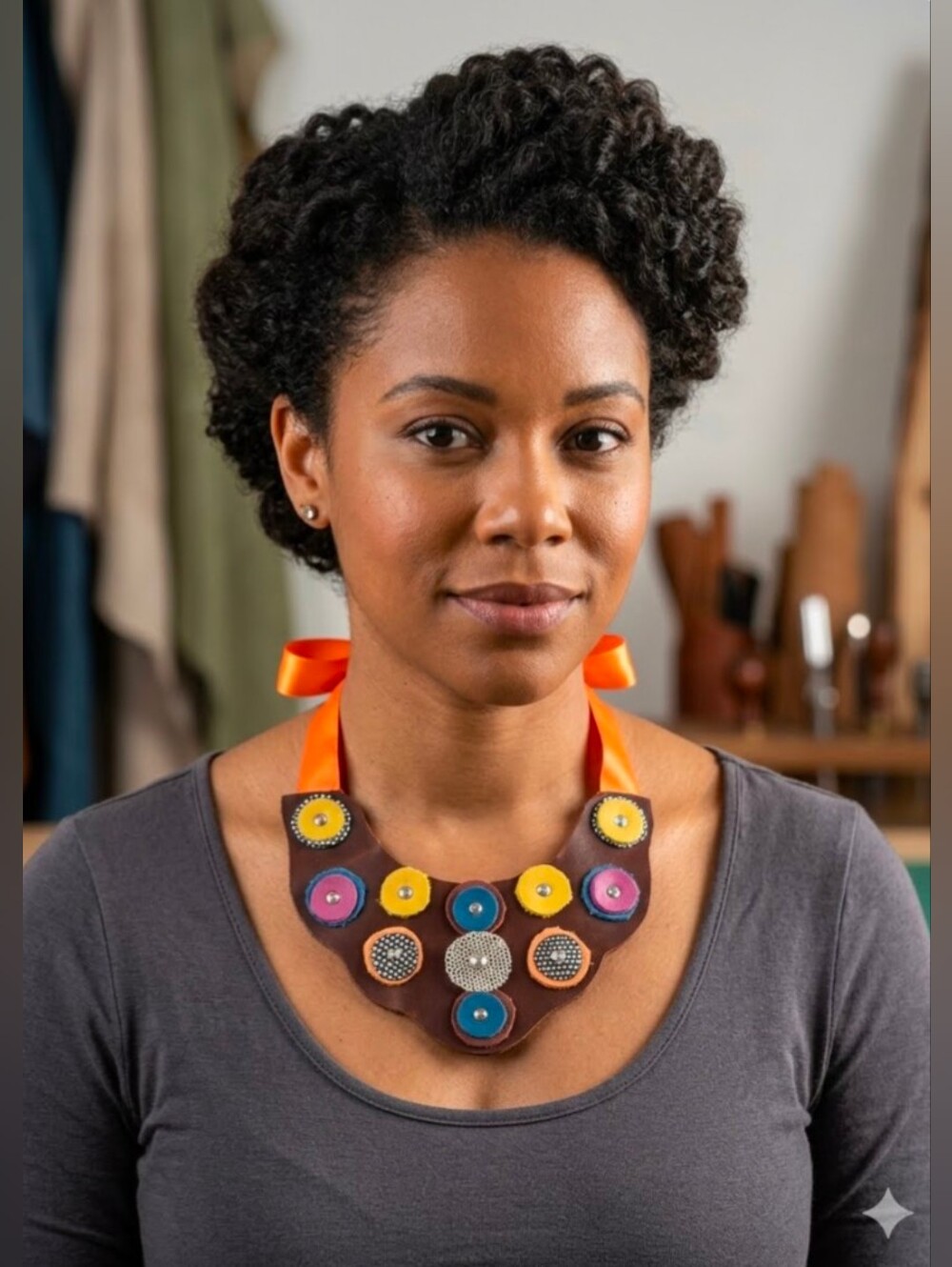 Handmade Genuine Leather Circles Bib Statement Necklace Crystal Rivets 074